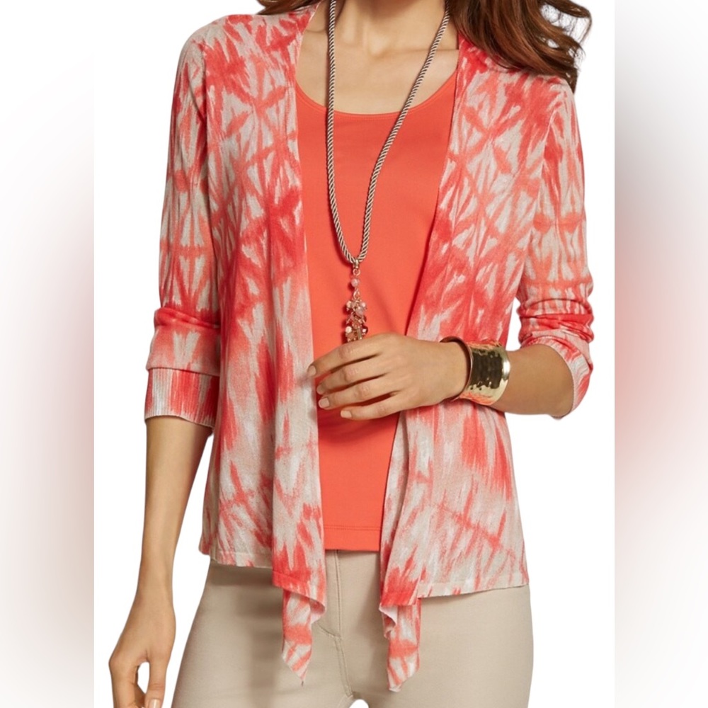 Chico’s Ultra Lightweight Cardigan in Orange and Tan Graphics Sz L